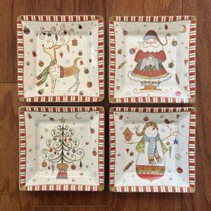 222 Fifth Christmas Plates Set of 4 Square Whimsical Folk Art- Style